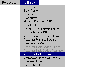 Actualizar Tabla de Costos