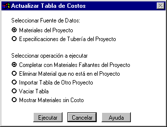 Actualizar Tabla de Costos